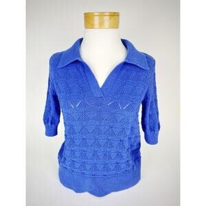 Talbots Women Blue 3/4 Sleeve Knitted Shirt Johnny Collar Pullover Petite Small